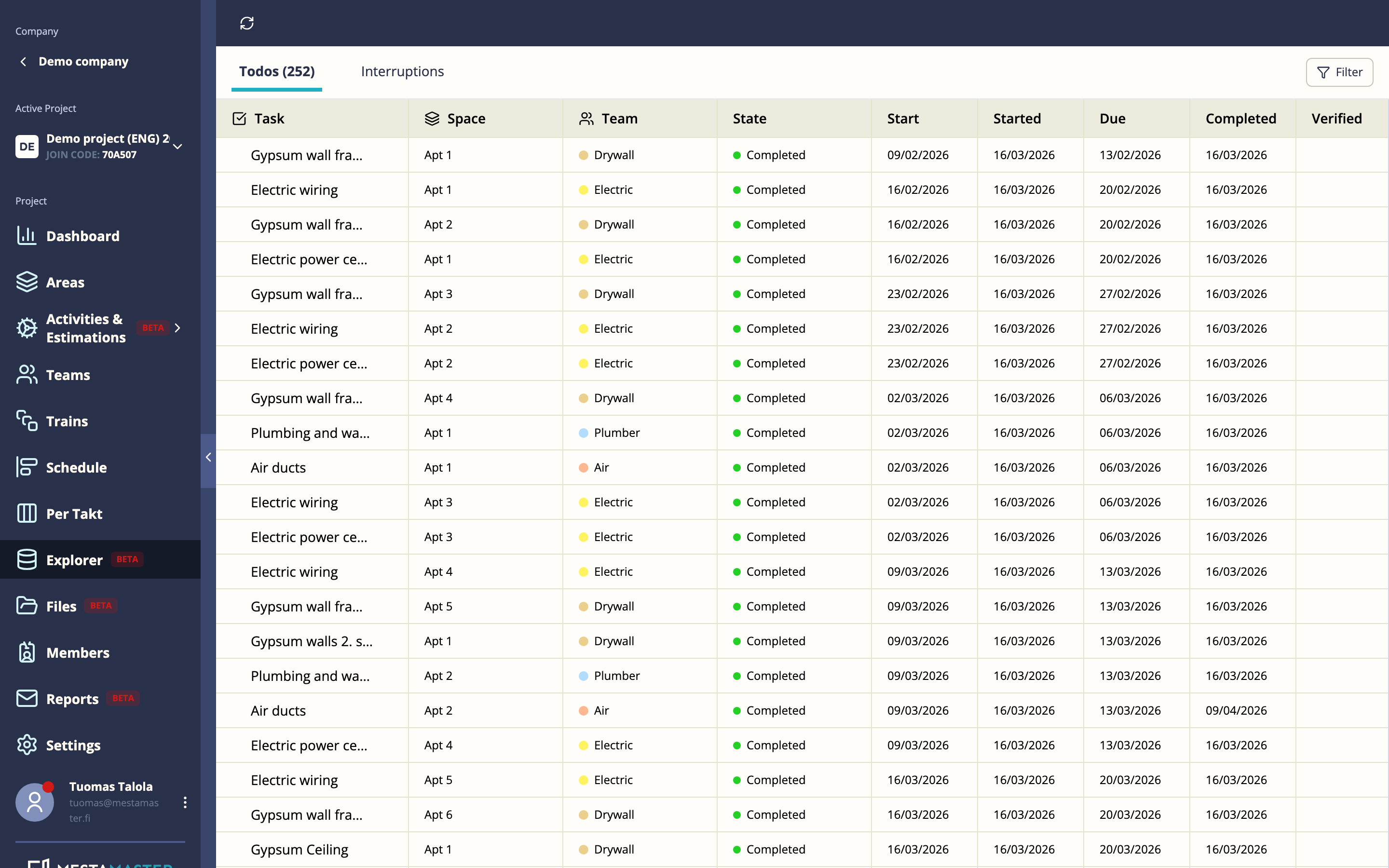 Explorer page showing todos list
