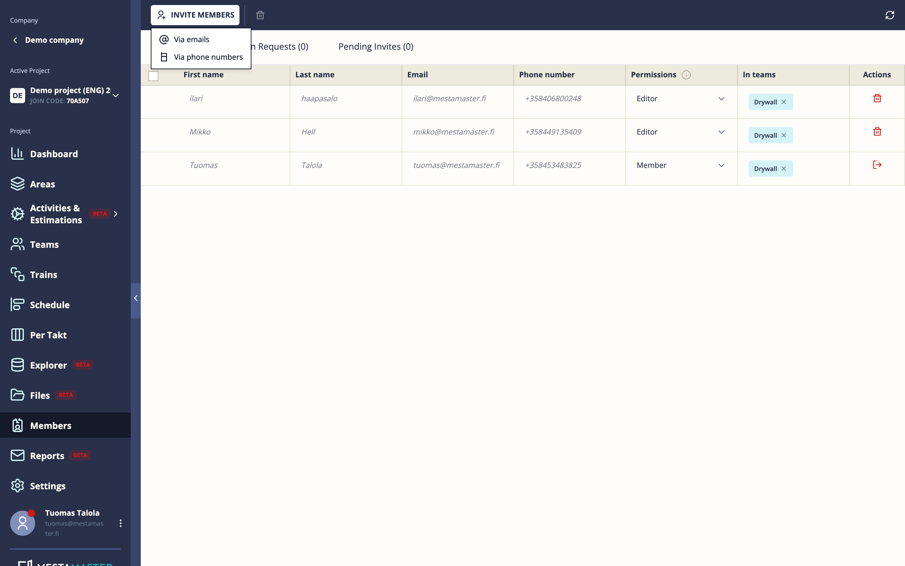 Invite modal with email and phone options