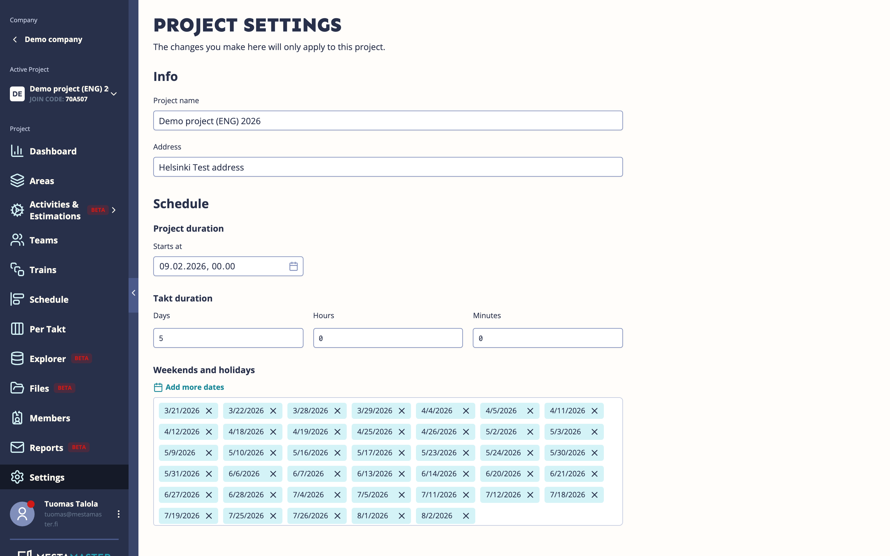 Project Settings form