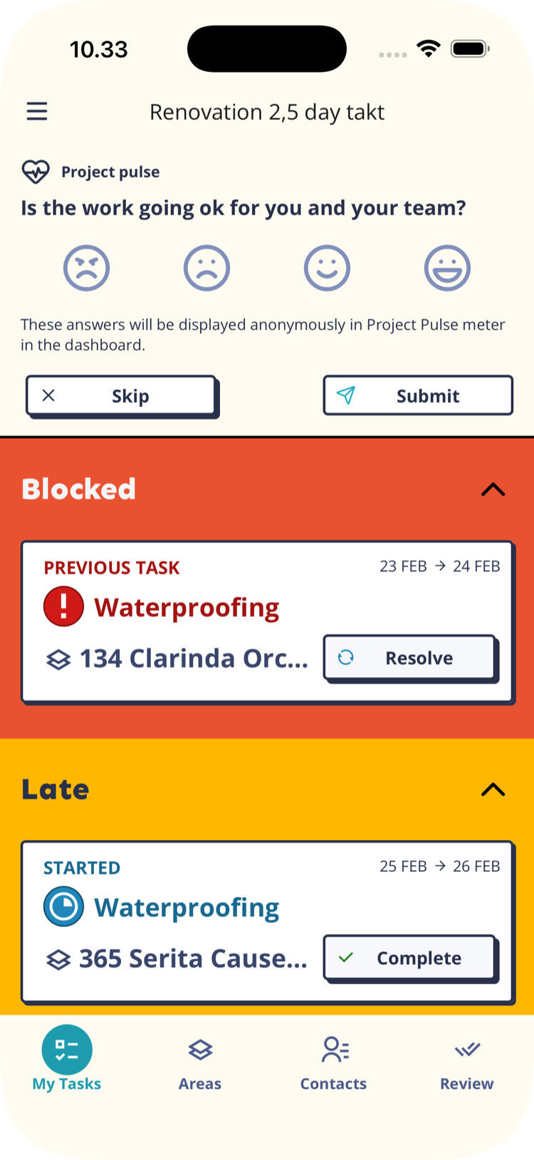 My Tasks with the Project pulse question at the top, showing four face buttons, Skip and Submit
