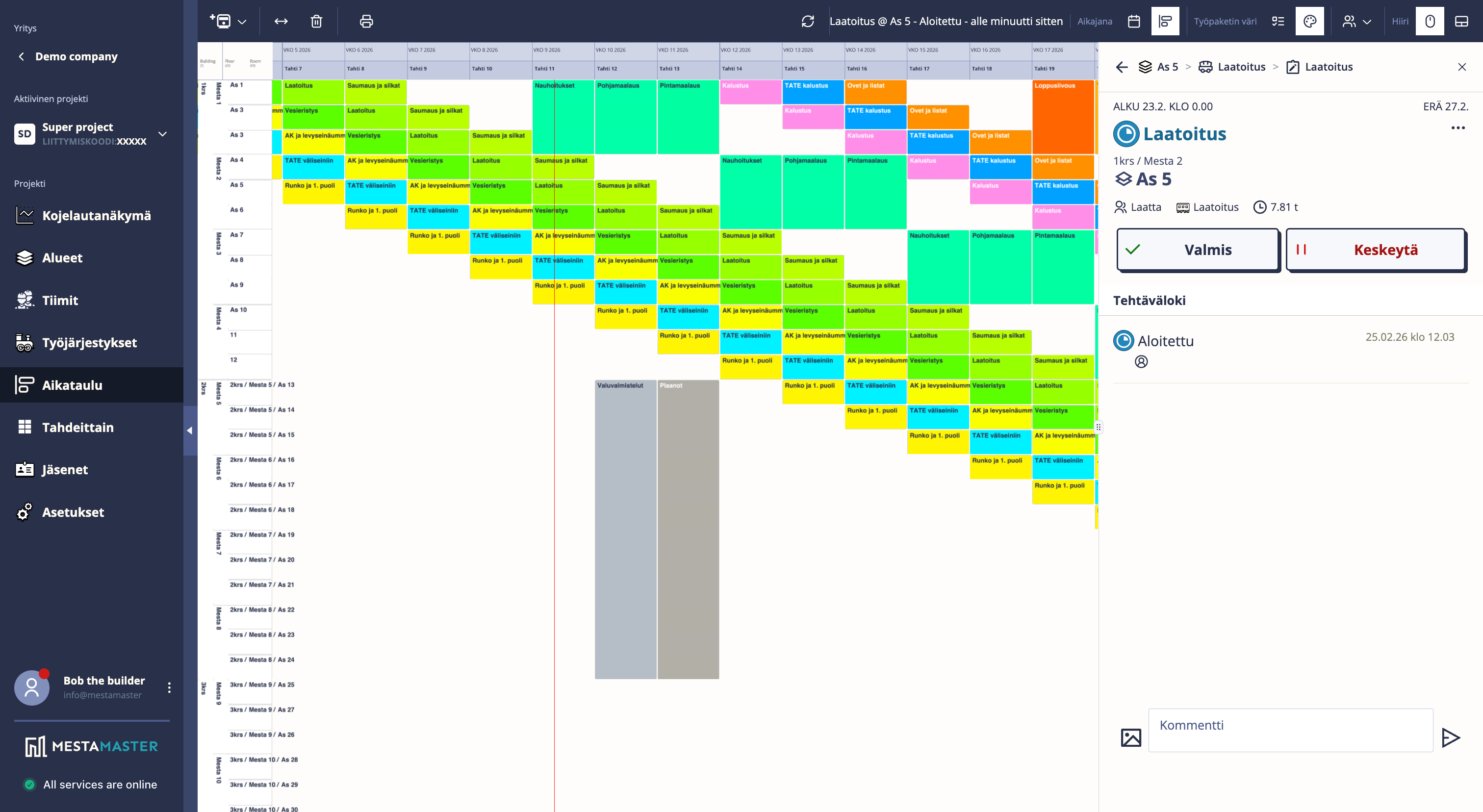 Mestamaster takt schedule view